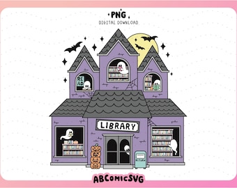 幽霊が出る図書館 PNG、本好きのハロウィーン PNG、読書中の幽霊 PNG、ステッカー、T シャツ、ブックマーク、キーホルダー、マグカップ、トートバッグ用のかわいいトレンディなデザイン