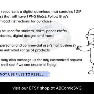 May include: A black and white illustration of a person wearing glasses and a dress. The text "DO NOT USE FILES TO RESELL" is written in blue on a white background. The text "visit our ETSY shop at ABComicSVG" is written in black on a white background.