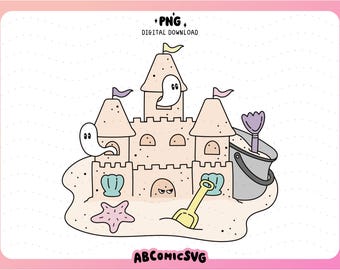 Nawiedzony zamek z piasku na plaży PNG: Pastelowy projekt clipartów z duchami Summerween (pobieranie cyfrowe)