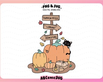 本好きの秋の方向標識 SVG PNG、心地よい秋の本 PNG、ステッカー、マグネットブックマーク、キーホルダー、Tシャツ、タンブラーのトレンドデザイン