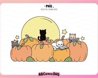 Bookish Pumpkin Patch Cats PNG, Fall Reading PNG, Autumn Vibes Designs for Stickers, Bookmarks, Keychains, Totes, Tshirts (Digital Download)