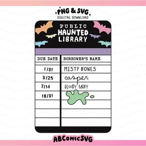 Carte de bibliothèque hantée : date de retour (SVG/PNG), Halloween pastel (PNG), fichiers de design esthétiques mignons pour autocollants, t-shirts, marque-pages, porte-clés, sacs.