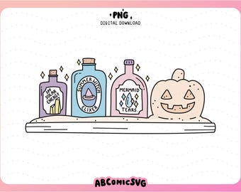 Półka na mikstury Witchy Apothecary PNG: Pastelowy projekt clipart Summerween (pobieranie cyfrowe)