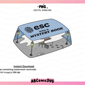 May include: A digital illustration of a blue book with the text "esc into a MYSTERY BOOK" on the cover. The book is open and there are two streetlights and a bench inside. The book is on a white background.