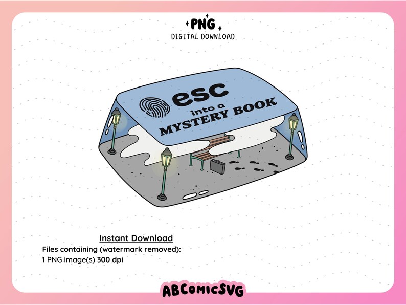 May include: A digital illustration of a blue book with the text "esc into a MYSTERY BOOK" on the cover. The book is open and there are two streetlights and a bench inside. The book is on a white background.