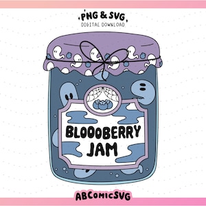 May include: Digital illustration of a jar of "Blooooberry Jam" with a purple lid and label. The jar is filled with blue jam and ghost-like figures. The label features a spiderweb and blueberries.