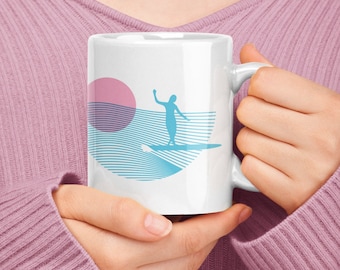 Sunset Surf Girl Mug: Line Art Design, Beach Lover Gift