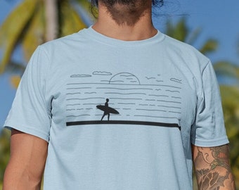 Surf Sunset T-shirt, Unisex Heavy Cotton Tee, Surf Art Shirt, Waves, Ocean Tee, Beach, Summer Apparel, Minimalist Surf Tee, Surfer Gift