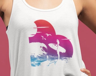 Trendy Women's Racerback Tank with Heart-Shaped Sunset Silhouette Design - Perfect for Summer and Beachwear, Surfer Women Gift, Beach Girl