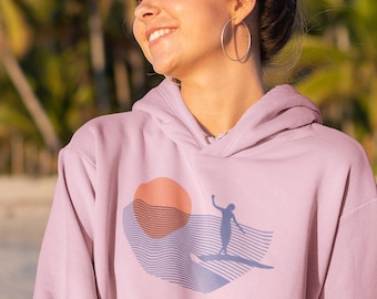 Surfer Girl Hoodie: Ocean Wave Line Art, Unisex Beach Sweatshirt