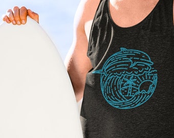 Dolphin Riding Wave Unisex Tank Top - Breathtaking Sunset and Palm Tree Design, Dolphin Gifts, Surfer Gifts, Beach Vibes, Beach Apparel