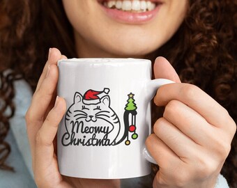Mug Christmas Cat, Ceramic Mug, Christmas Cat Mug, Funny Christmas Mug, Mug Funny, Funny Cat Mug, Meowy Christmas, Christmas Gift, Mug Cat