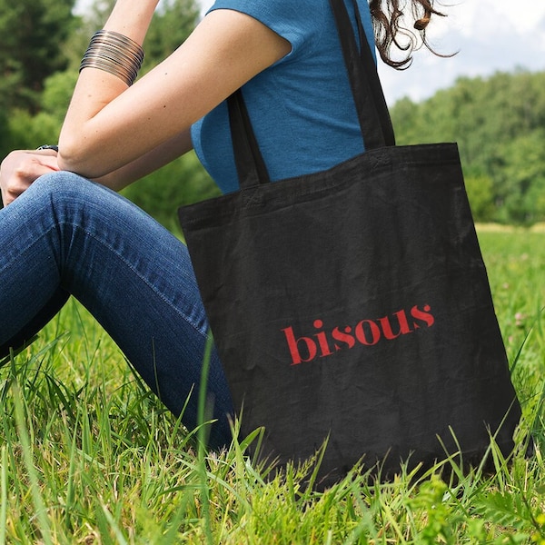 Bisous - Branson Tote Bah - Red Parisienne Vibes Tote Bag with Elegant Wordmark, Paris Style, Parisienne Brand, Paris Logo, Chic