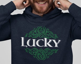 St. Patrick's Day Lucky Hoodie with Celtic Font & Knot Emblem, Unisex Heavy Blend Hooded Sweatshirt, Irish Hoodie, Patricks Hoodie, Irish