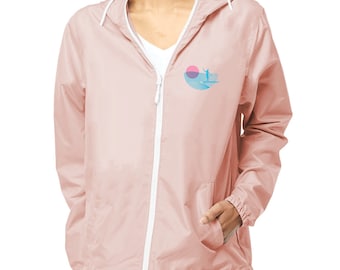 Trendy Surf Women Wave Sunset Windbreaker in Pink and Blue Line Art Design - Lightweight Windbreaker Full-Zip Jacket - Surf Women Gifts