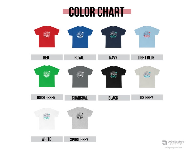 K&ouml;nnte beinhalten: Farbkarte mit 10 verschiedenen T-Shirt-Farben. Die T-Shirts zeigen ein Grafikdesign mit einer Strandszene und dem Text "Surf's Up". Die Farben sind: Rot, K&ouml;nigsblau, Marineblau, Hellblau, Irischgr&uuml;n, Anthrazit, Schwarz, Eisgrau, Wei&szlig; und Sportgrau.