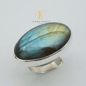 Big Labradorite Blue Fire Cabochon 925 Sterling Silver Adjustable Free Size Ring/Bold & Unisex/The Stone Of Mysticism