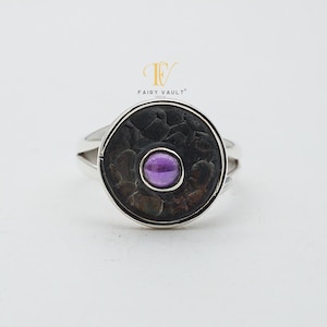 Amethyst Sterling Silver Oxidised Antique Look Unisex Ring