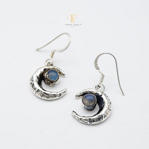 Pendiente de luna de labradorita en plata de ley 925, pendiente de plata oxidada hecho a mano, piedra celestial del misticismo