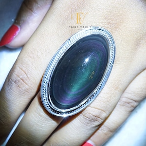 Rainbow Obsidian Oxidised Sterling Silver Unisex Adjustable Free Size Ring/Handcrafted Authentic Gemstone In Style Statement Ring