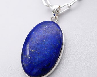 Colgante grande de lapislázuli en plata de ley 925 "sin cadena"/cabujón ovalado de lapislázuli/colgante unisex/piedra azul ultramarina