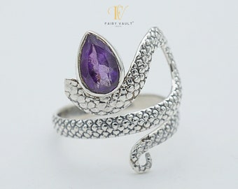 Amethyst Snake Ring Silver | Textured Scale Design | Adjustable Statement Ring