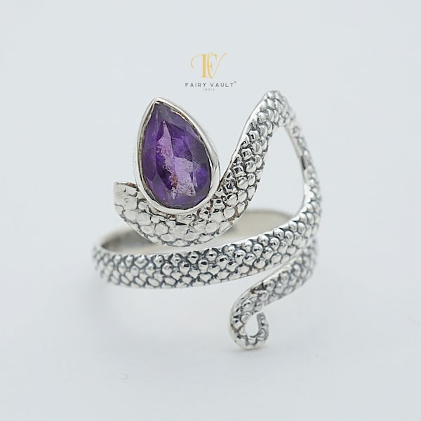 Amethyst Snake Wrap Ring/Sterling Silver Serpent Handgemaakte Ring/Serpentine Statement Piece