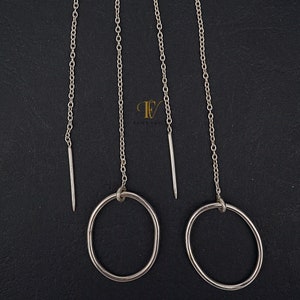 Oval Silver Threader/Needle Earring In 925 Hallmarked Sterling Silver/Threader Earrings/Multi Piercing/Unisex Minimalist Long Earring