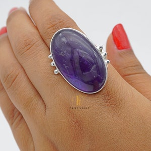Big Amethyst Sterling Silver Unisex Adjustable Free Size Ring | Handcrafted Gemstone Jewellery | Purple Statement Boho Ring