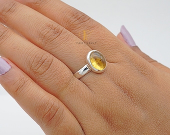 Citrine Cabochon Sterling Silver Handcrafted Ring, Oval Vibrant Golden Hue Gemstone For Prosperity & Money Fortune, Everyday Jewellery