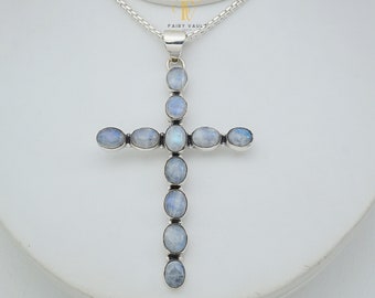 Colgante de cruz grande de piedra lunar en plata de ley 925, unisex, colgante de cristianismo, regalos de cumpleaños de la suerte Colgante de piedra lunar arcoíris