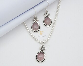 Set geoxideerde sterlingzilver rozenkwarts hanger en oorbellen