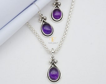 Amethyst Pendant & Earrings Set: Oxidized Sterling Silver Jewelry