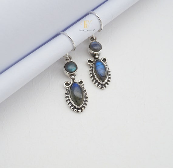 Oxidized Sterling Silver Labradorite Earrings: Greek Style  display picture 1