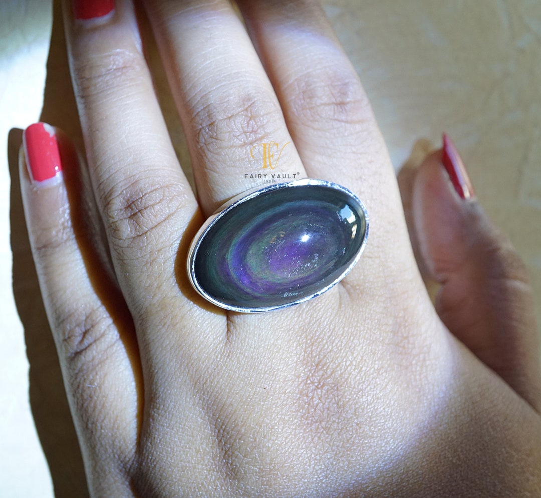 Rainbow Obsidian Oxidised Sterling Silver Unisex Adjustable Free Size ...