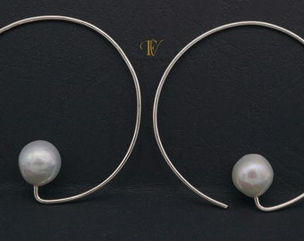 Pearl Earrings 925 Sterling Silver Hoop Earrings/Precious Gifts/Genuine Pearl
