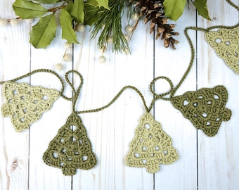 Crochet Christmas Tree Garland - Festive Holiday Garland - Crocheted Rustic Farmhouse Style