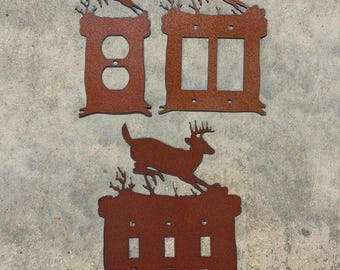 Rustic Jumping Deer Switch Plate Cover: See Configurations in Images. Cabin Decor Metal Wall Plate.
