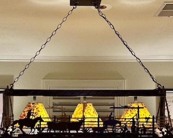 Rustic Western Chandelier Reclaimed Barn Wood Sheepskin Shades Rectangle Cowboy Chandelier with Corral Scene Handmade in the USA
