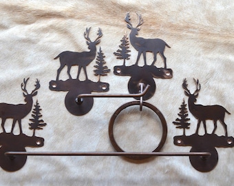Handmade Rustic Deer Bathroom Hardware Set: Copper Patina Towel Bar, TP Holder, Towel Ring