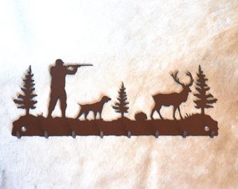 Hunting Scene Key Hanger: Rustic Metal 8-Hook Entryway Organizer Deer Hunting Gift