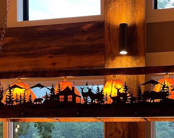 Rustic Chandelier with Sheepskin Shades, Elk Moose Bear Deer Cabin Art Handmade Metal and Barnwood Frame Custom Rectangle Rustic Light