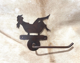 Handmade Bathing Cowgirl Bathroom Hardware Set: Towel Bar, Towel Ring, TP Holder. Cowgirl in Bathtub Metal Decor