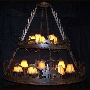 Chandelier Lodge Handmade Light Stunning Large Chandelier Two Tier Mountain Cabin Light Deer Elk Bear Moose Metal Pendant Rustic Art Light