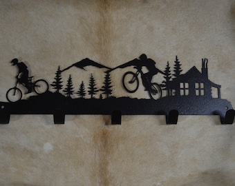 Bike 5 Hook Wall Hook with cabin. Rustic Lodge Decor. Metal Wall Mounted Hooks. Towel Robe Hanger. Entryway Laundry Hooks.