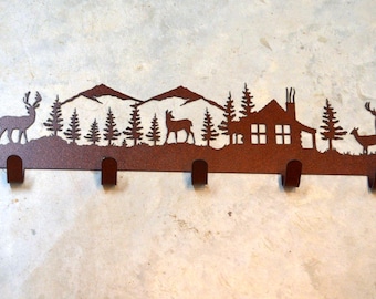 Rustic Lodge Decor: Metal Wall Mounted Hook Rack with Deer