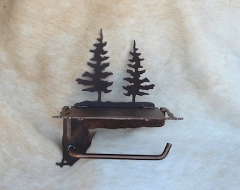 Rustic Tree Toilet Paper Holder with Shelf: Cabin Bathroom Decor