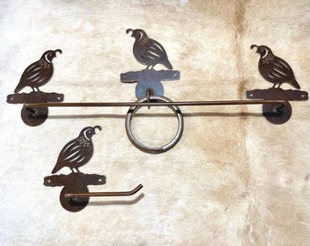 Handmade Quail Rustic Bathroom Hardware Set. Towel bar, Toilet Paper, Towel Ring