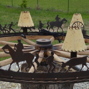 Authentic Wagon Wheel Chandelier Rustic Branding Scene Western Cowboy Light Cattle Handmade Sheepskin Barn wood Chandelier Ranch Light