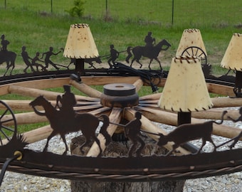 Chandelier Rustic Wagon Wheel Light: Handmade Sheepskin Shades, Western Ranch Lighting, Large Unique Lodge Light.